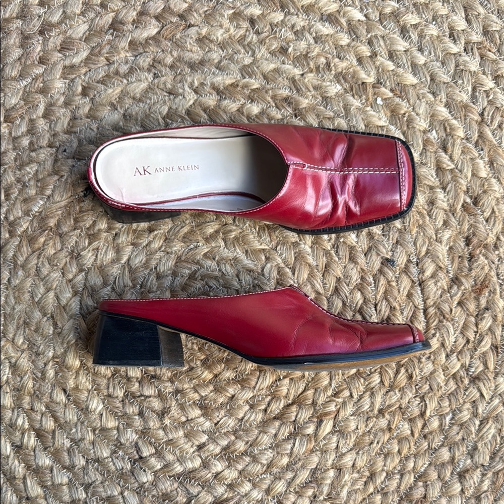 Anne Klein Red Leather Square Toe Mules